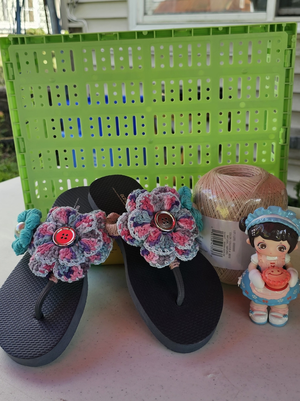 Girls Black Flip Flops with Multicolor Crochet Flower